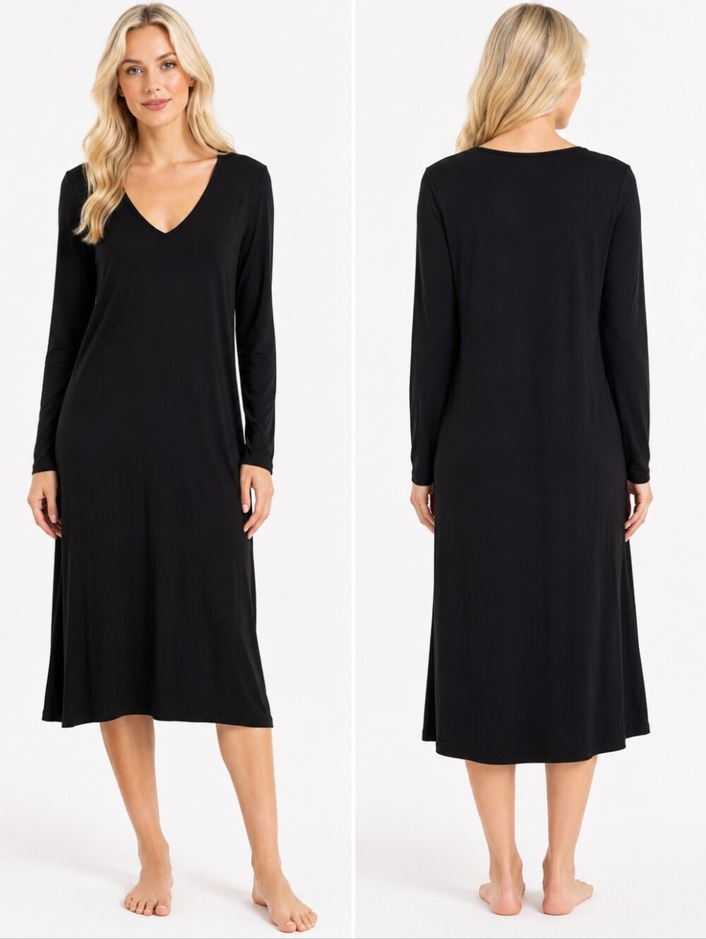Marcella NYC Tencel Jersey V-Neck Midi Dress Women Black Long Sleeve Size XXL